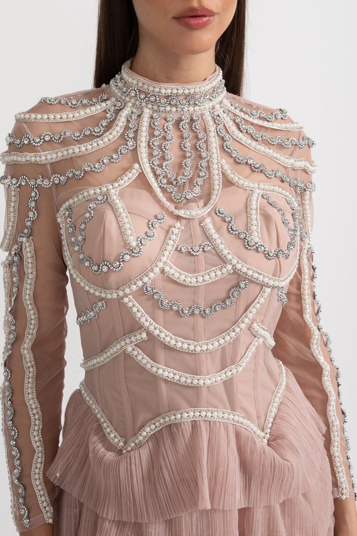 Celestine Pink Beaded Tulle Tiered Midi Dress - Pink
