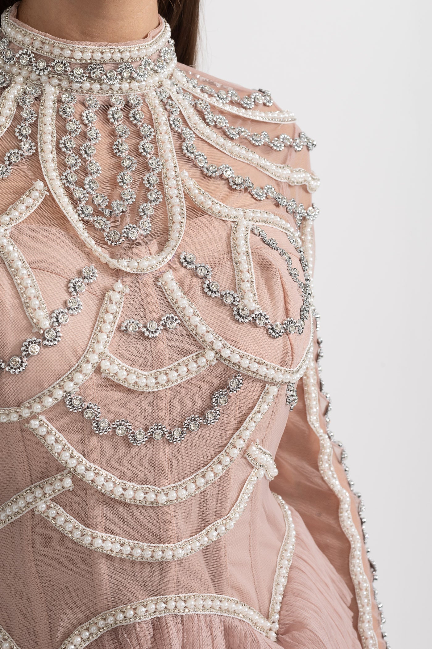 Celestine Pink Beaded Tulle Tiered Midi Dress - Pink