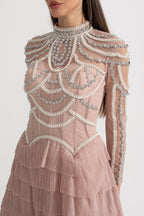 Celestine Pink Beaded Tulle Tiered Midi Dress - Pink