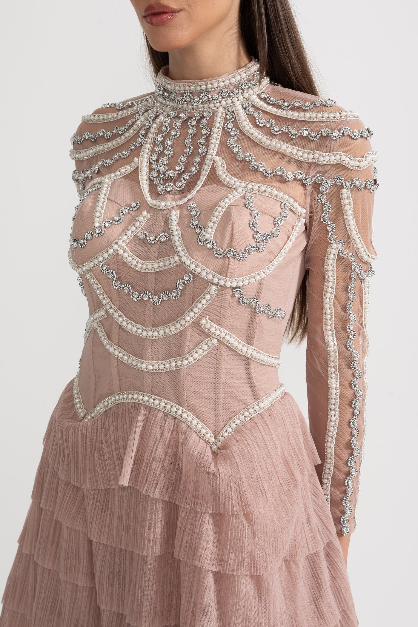 Celestine Pink Beaded Tulle Tiered Midi Dress - Pink
