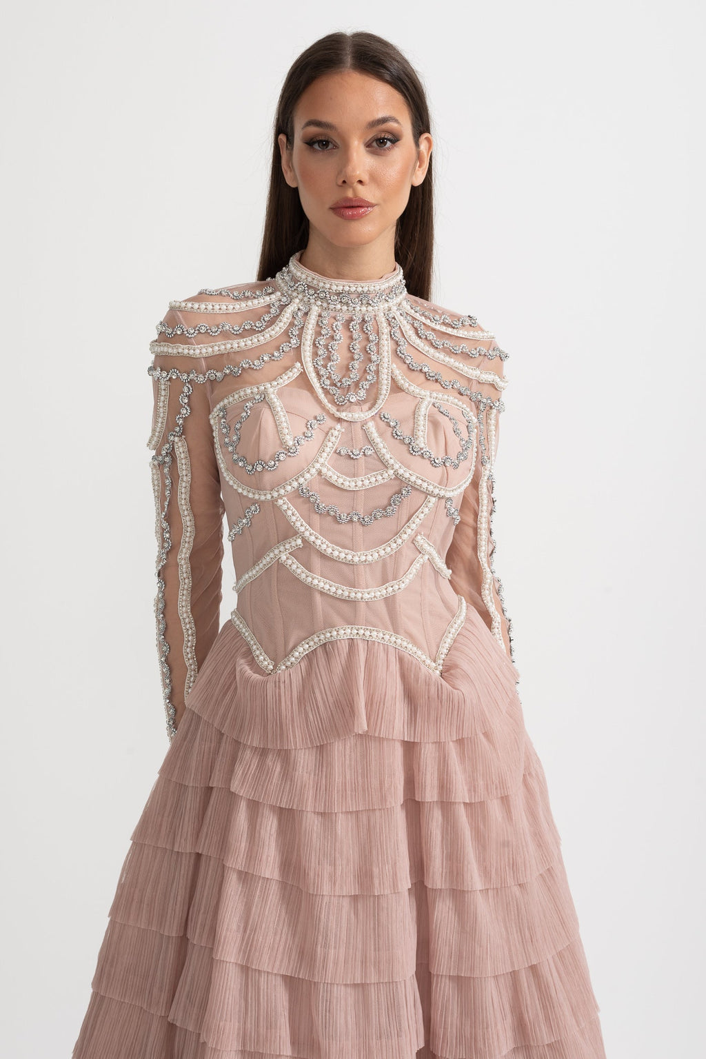 Celestine Pink Beaded Tulle Tiered Midi Dress - Pink