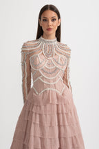 Celestine Pink Beaded Tulle Tiered Midi Dress - Pink