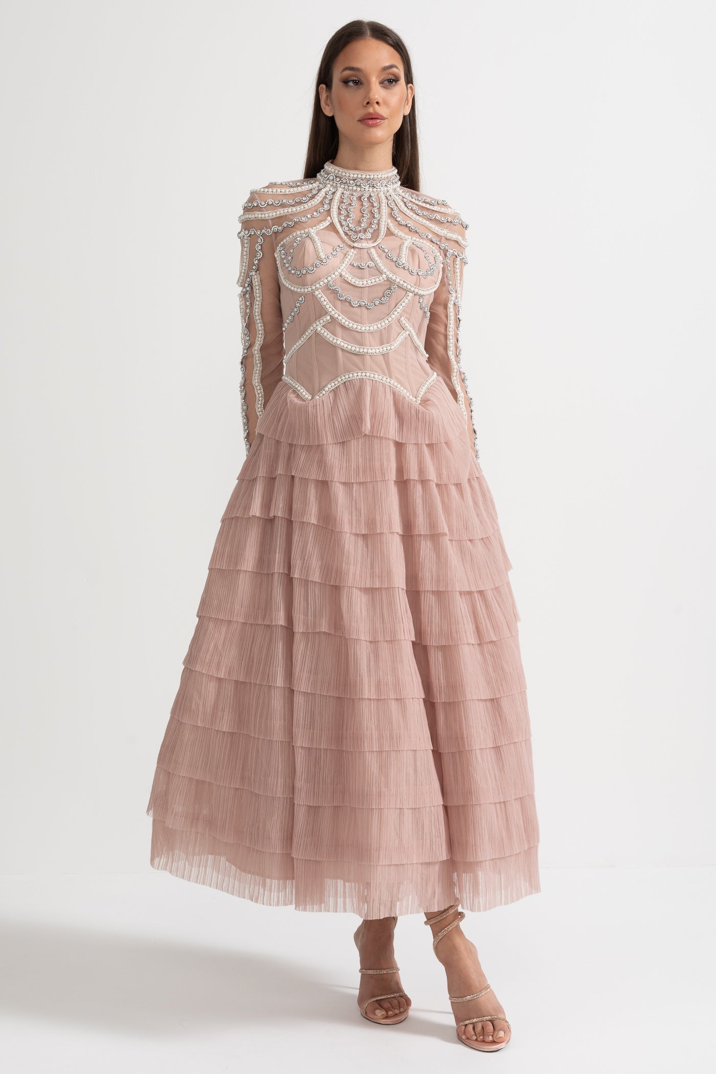 Celestine Pink Beaded Tulle Tiered Midi Dress - Pink