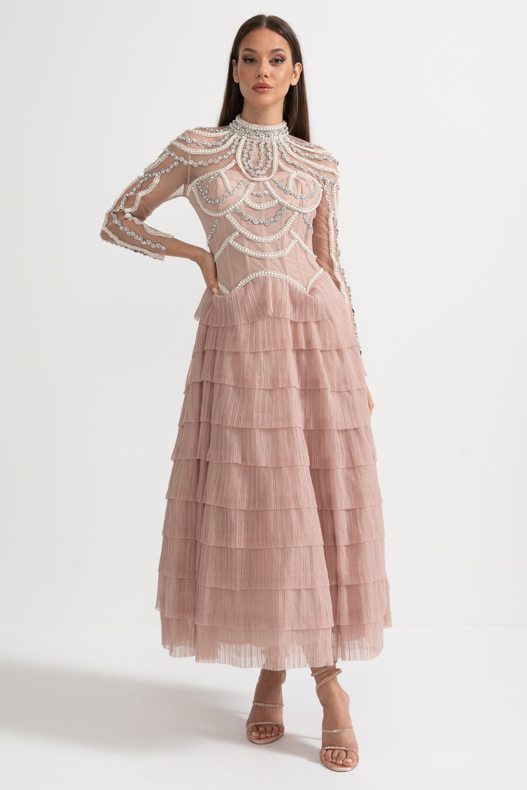 Celestine Pink Beaded Tulle Tiered Midi Dress - Pink