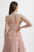 Celestine Pink Beaded Tulle Tiered Midi Dress - Pink