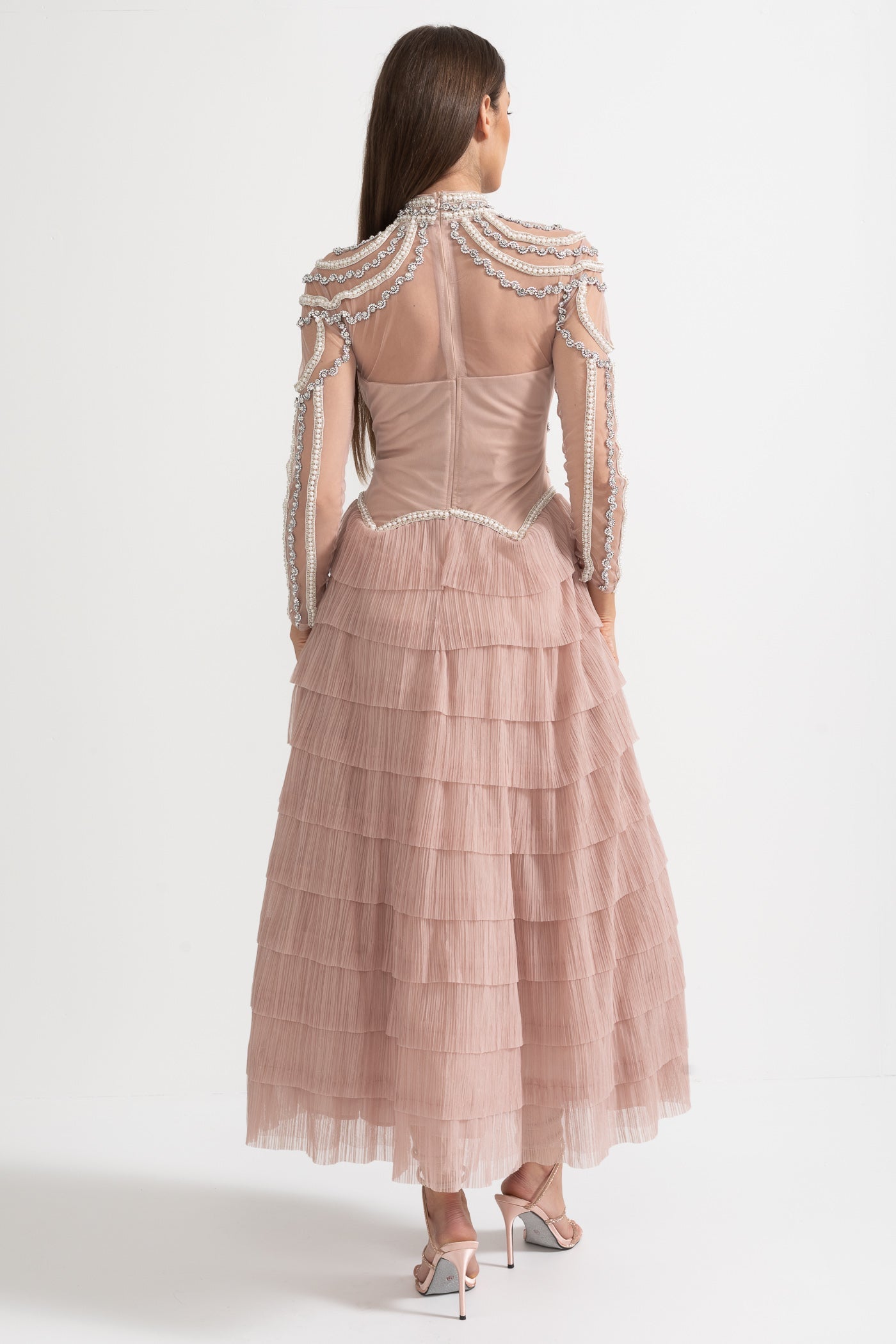 Celestine Pink Beaded Tulle Tiered Midi Dress - Pink