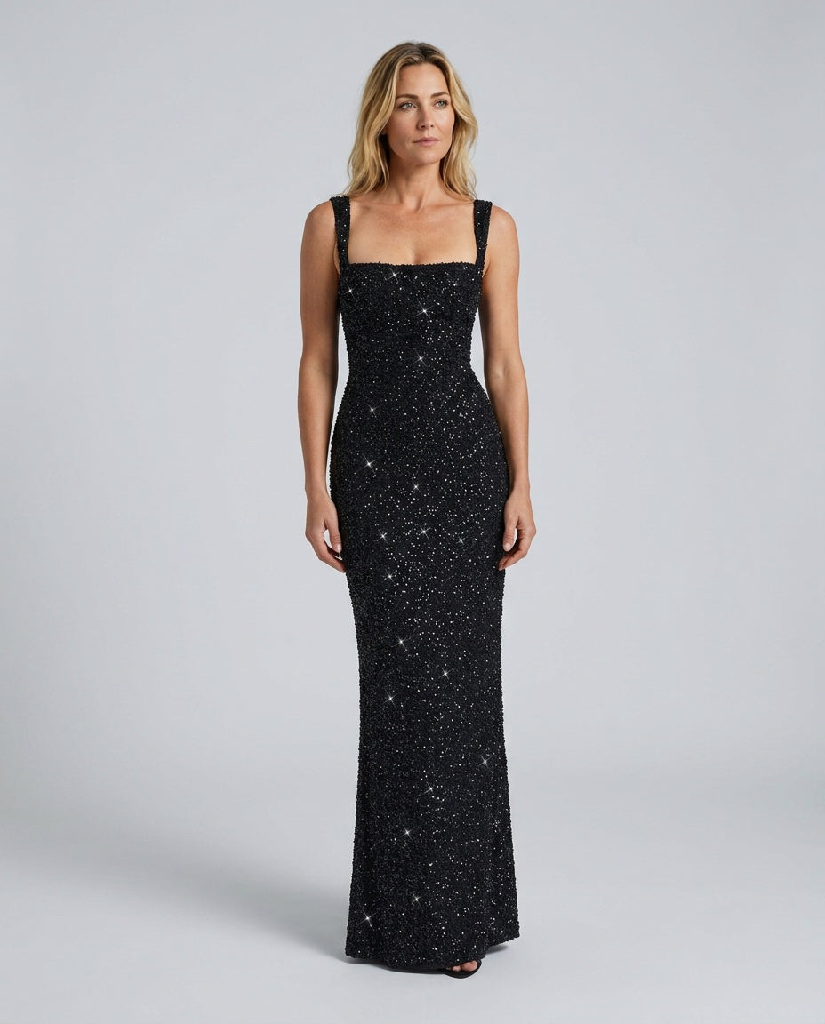 Cleo Sleeveless Sequin Square Neck Column Maxi Dress - Black