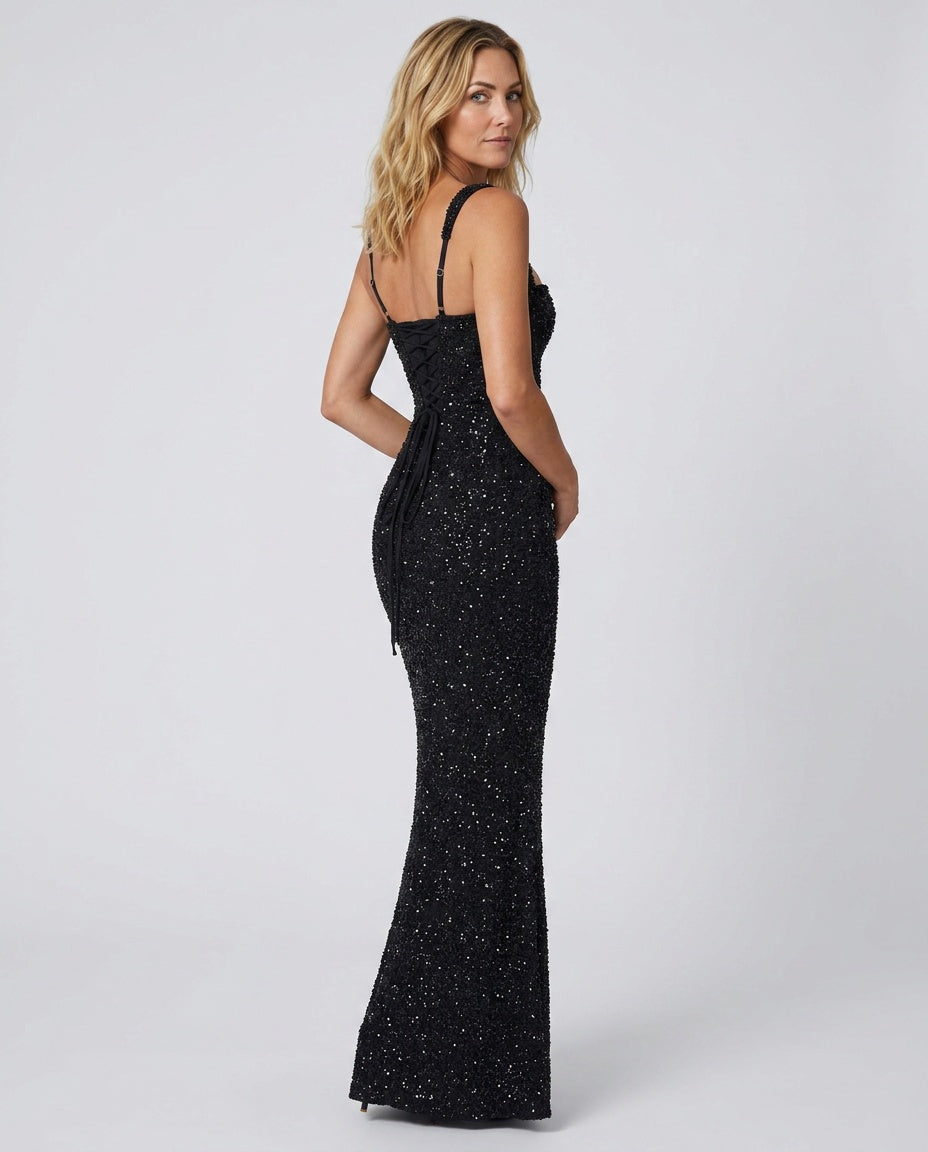 Cleo Sleeveless Sequin Square Neck Column Maxi Dress - Black