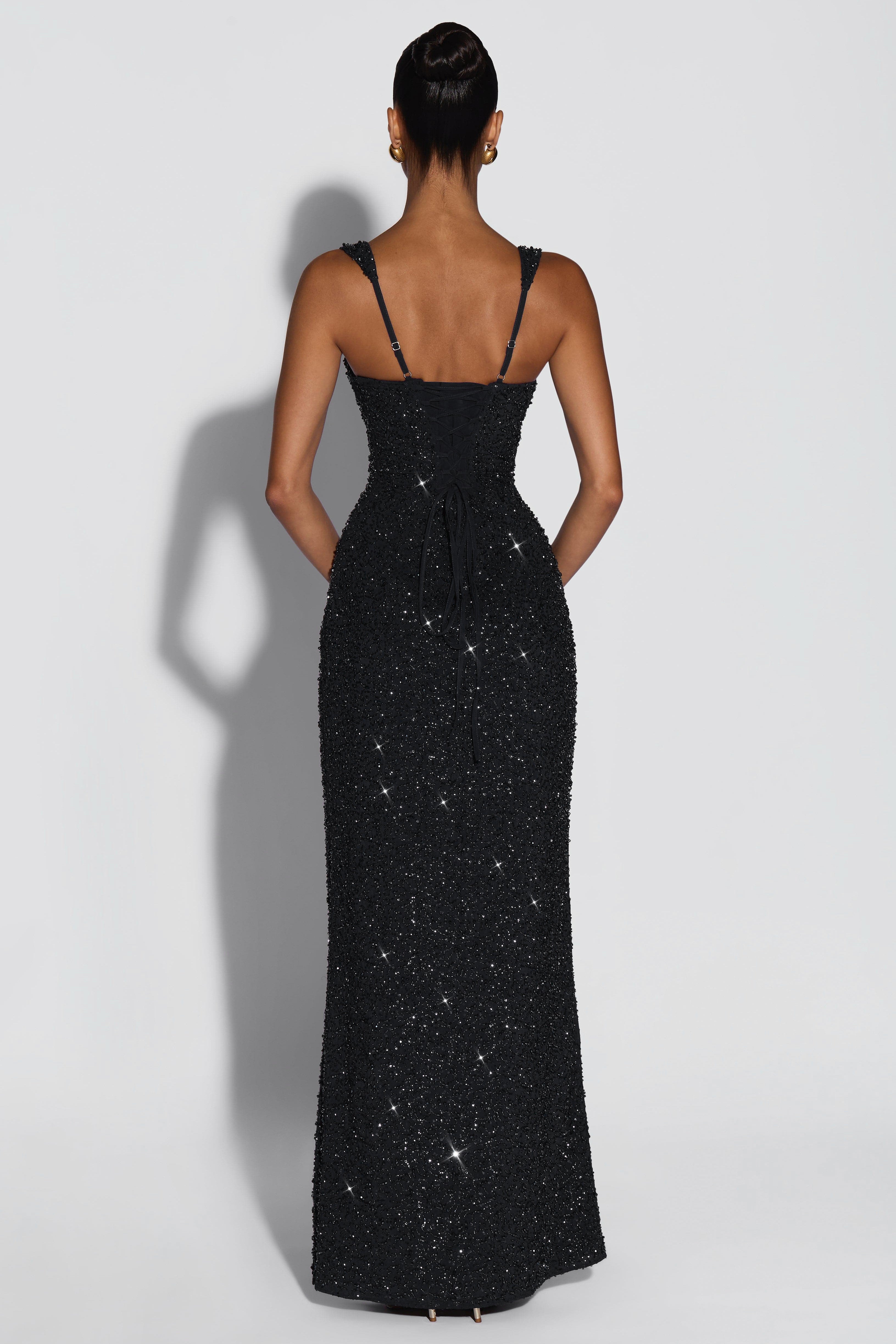 Cleo Sleeveless Sequin Square Neck Column Maxi Dress - Black