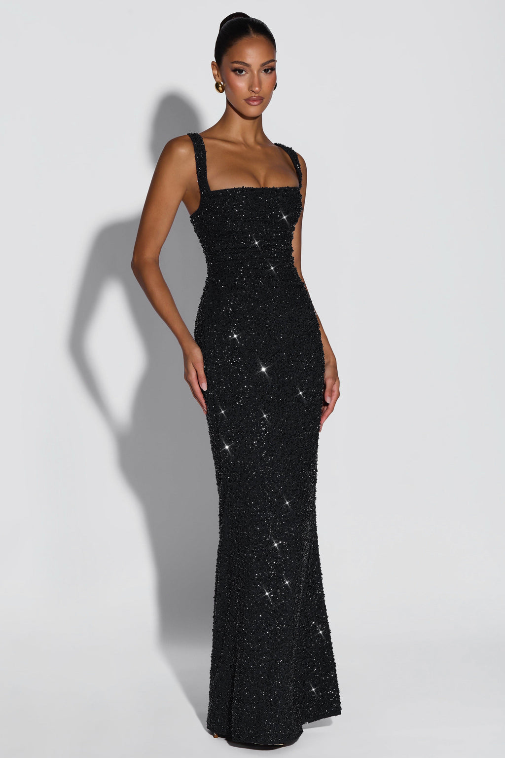 Cleo Sleeveless Sequin Square Neck Column Maxi Dress - Black