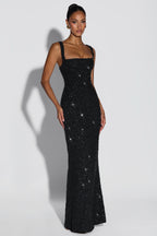 Cleo Sleeveless Sequin Square Neck Column Maxi Dress - Black