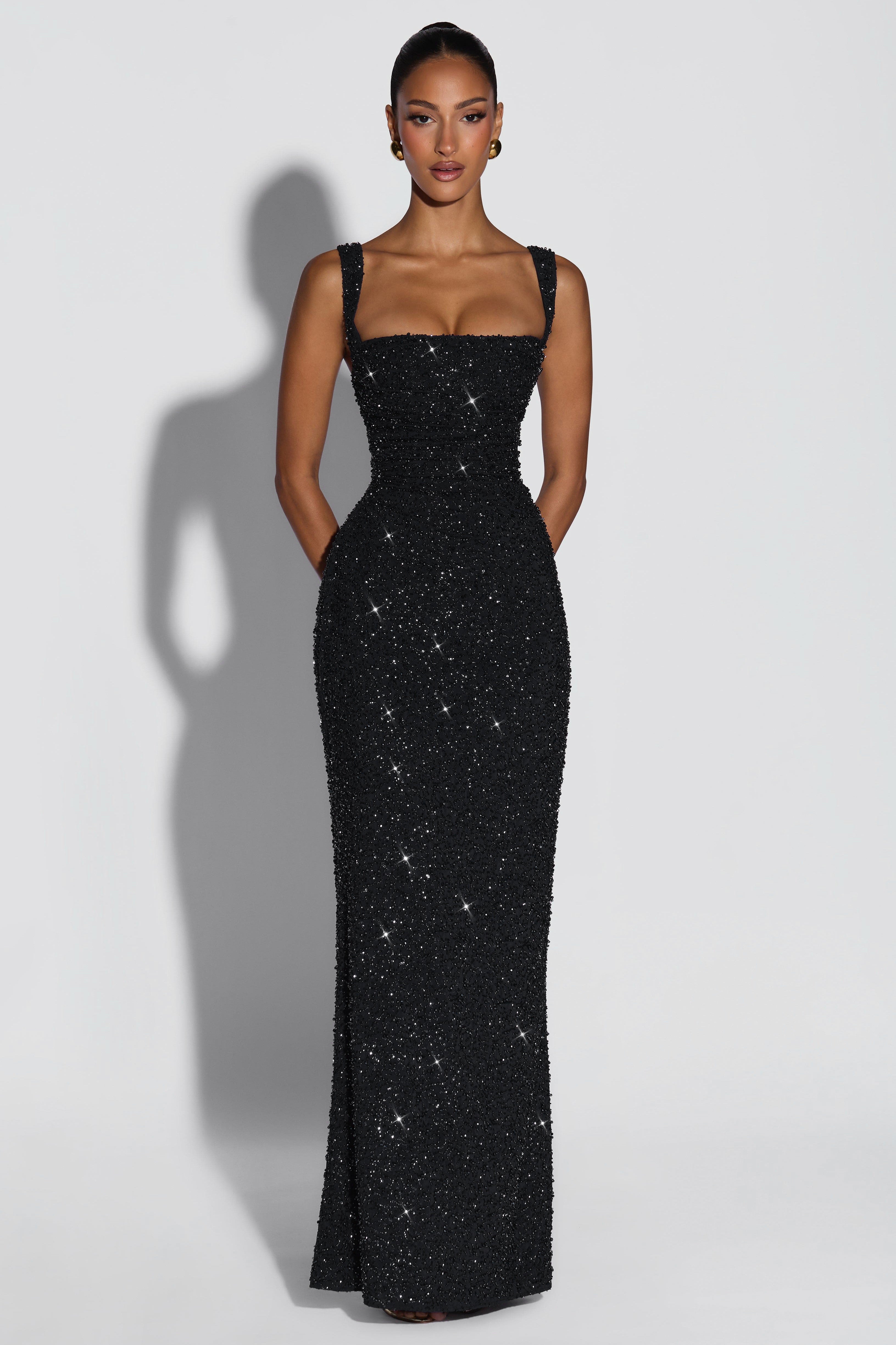Cleo Sleeveless Sequin Square Neck Column Maxi Dress - Black