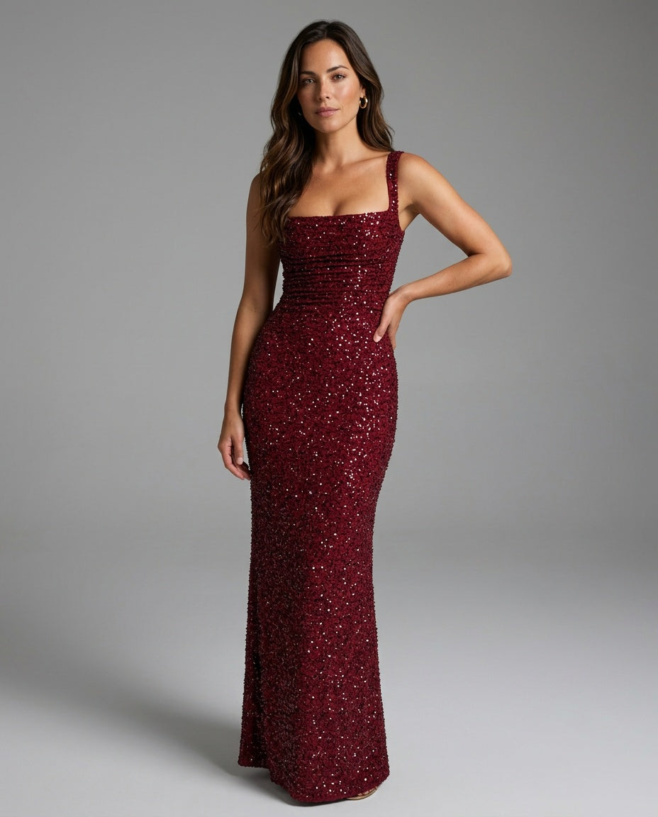 Cleo Sleeveless Sequin Square Neck Column Maxi Dress - Red