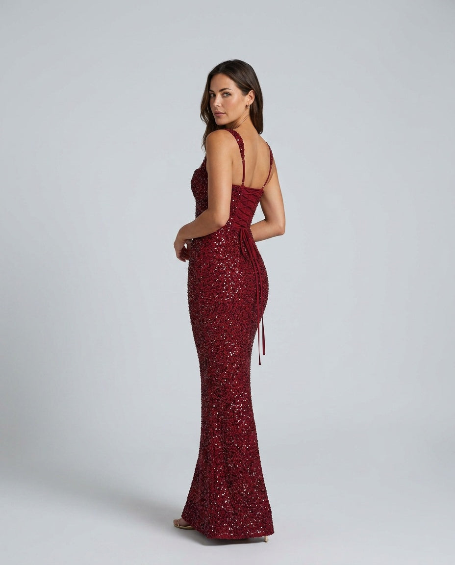 Cleo Sleeveless Sequin Square Neck Column Maxi Dress - Red
