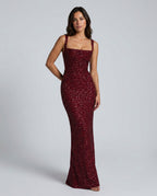 Cleo Sleeveless Sequin Square Neck Column Maxi Dress - Red