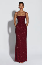 Cleo Sleeveless Sequin Square Neck Column Maxi Dress - Red