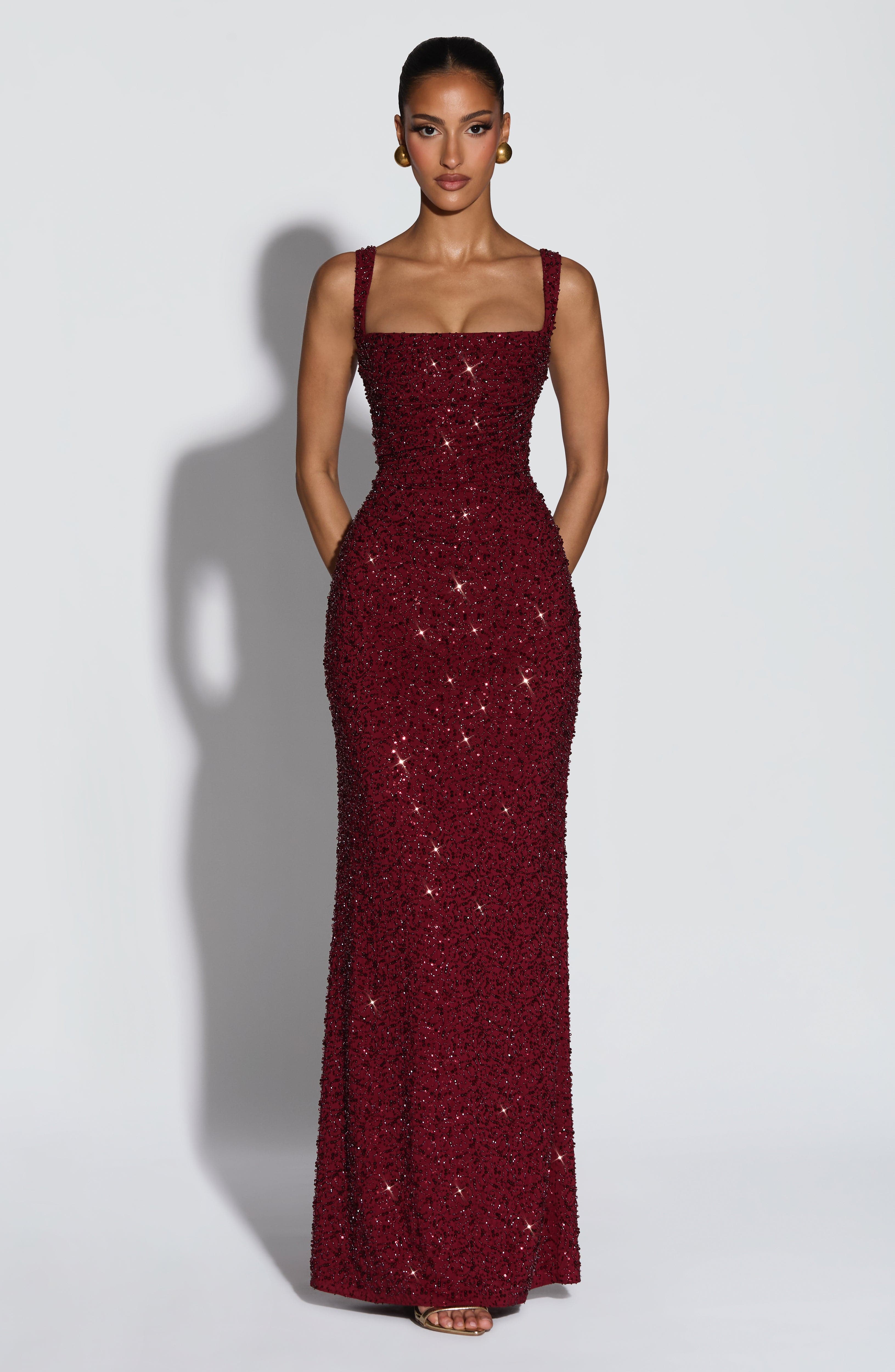 Cleo Sleeveless Sequin Square Neck Column Maxi Dress - Red