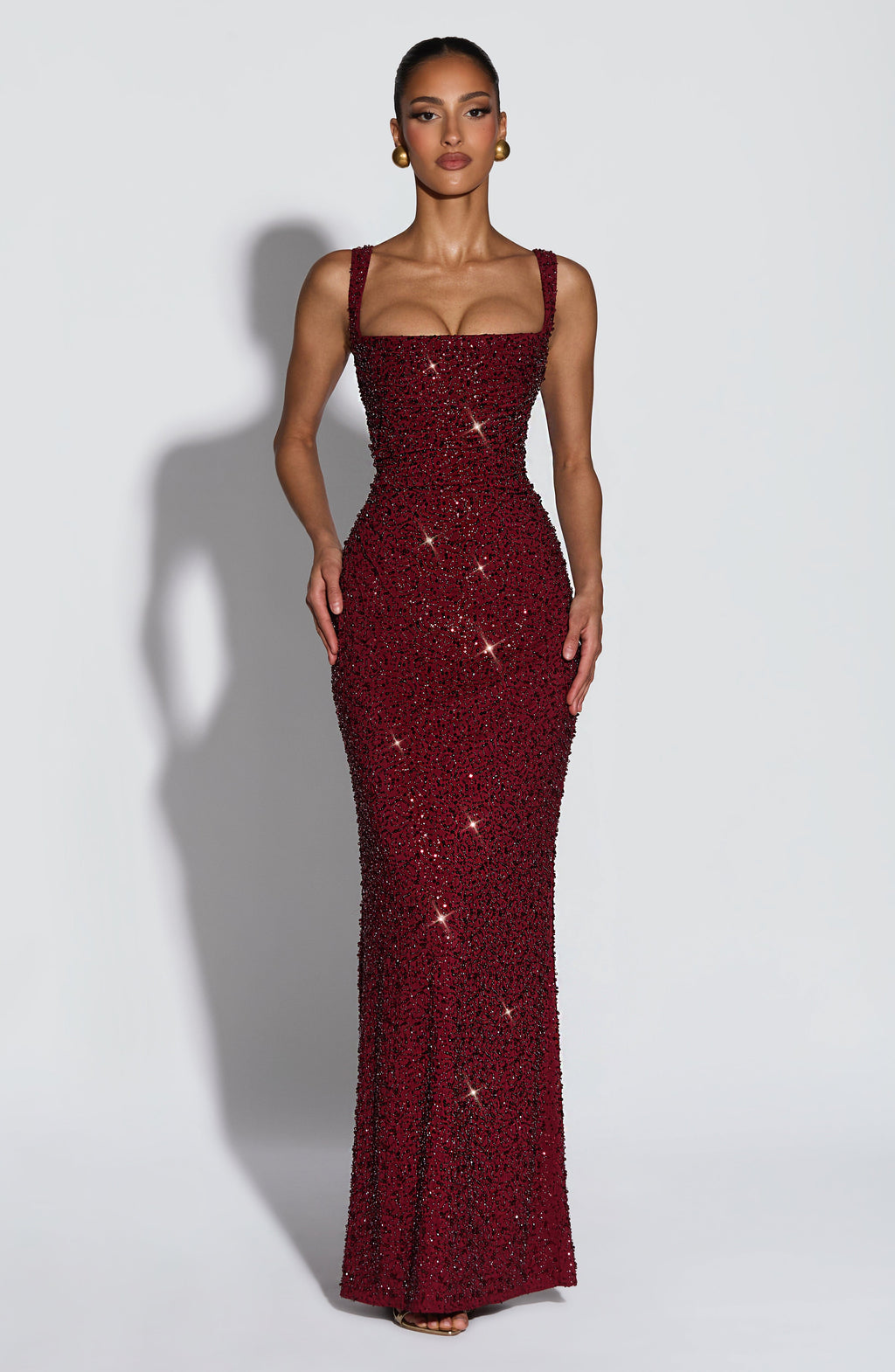 Cleo Sleeveless Sequin Square Neck Column Maxi Dress - Red