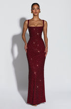 Cleo Sleeveless Sequin Square Neck Column Maxi Dress - Red