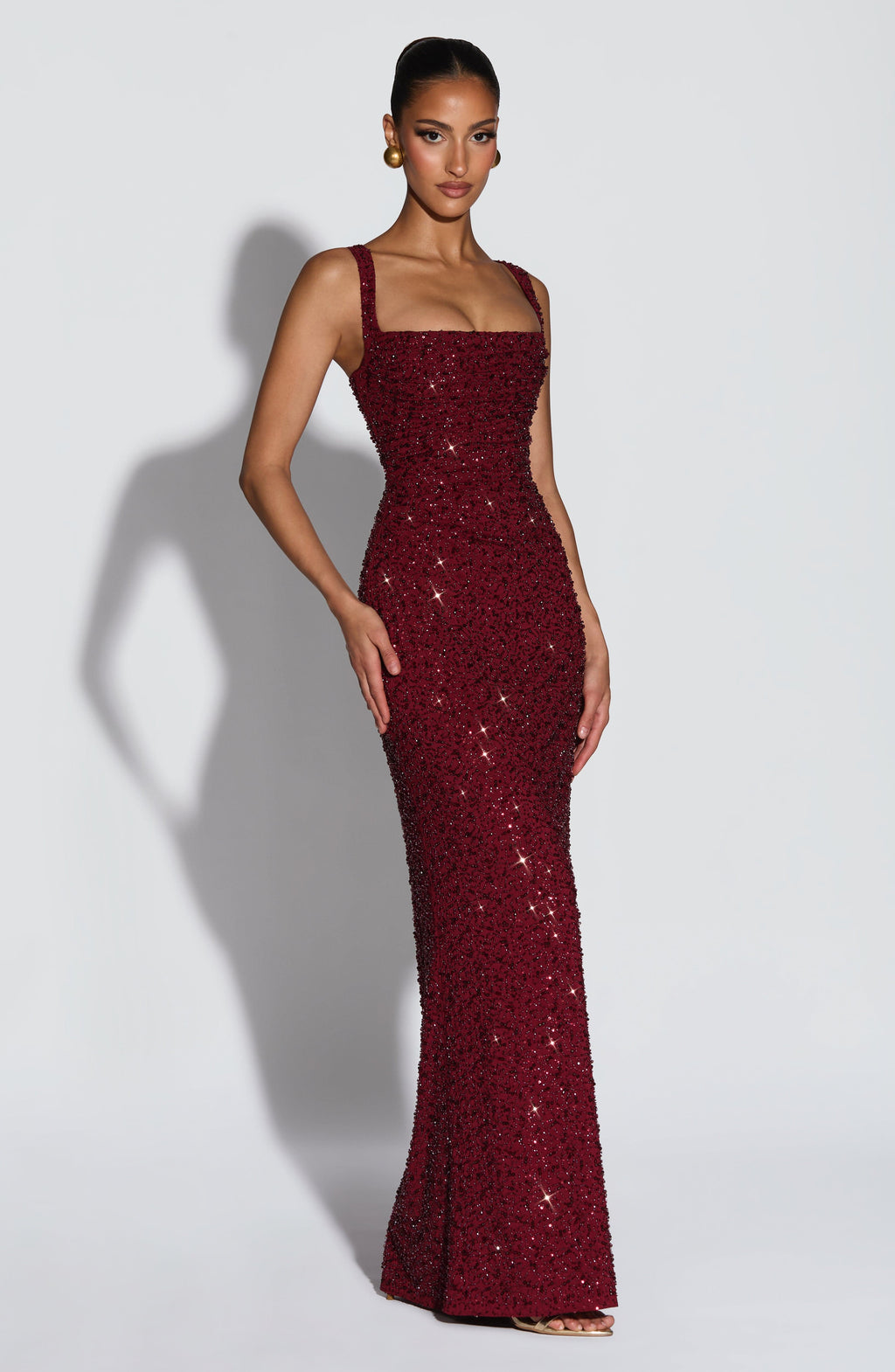 Cleo Sleeveless Sequin Square Neck Column Maxi Dress - Red