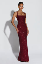 Cleo Sleeveless Sequin Square Neck Column Maxi Dress - Red