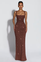 Cleo Sleeveless Sequin Square Neck Column Maxi Dress - Brown