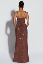 Cleo Sleeveless Sequin Square Neck Column Maxi Dress - Brown