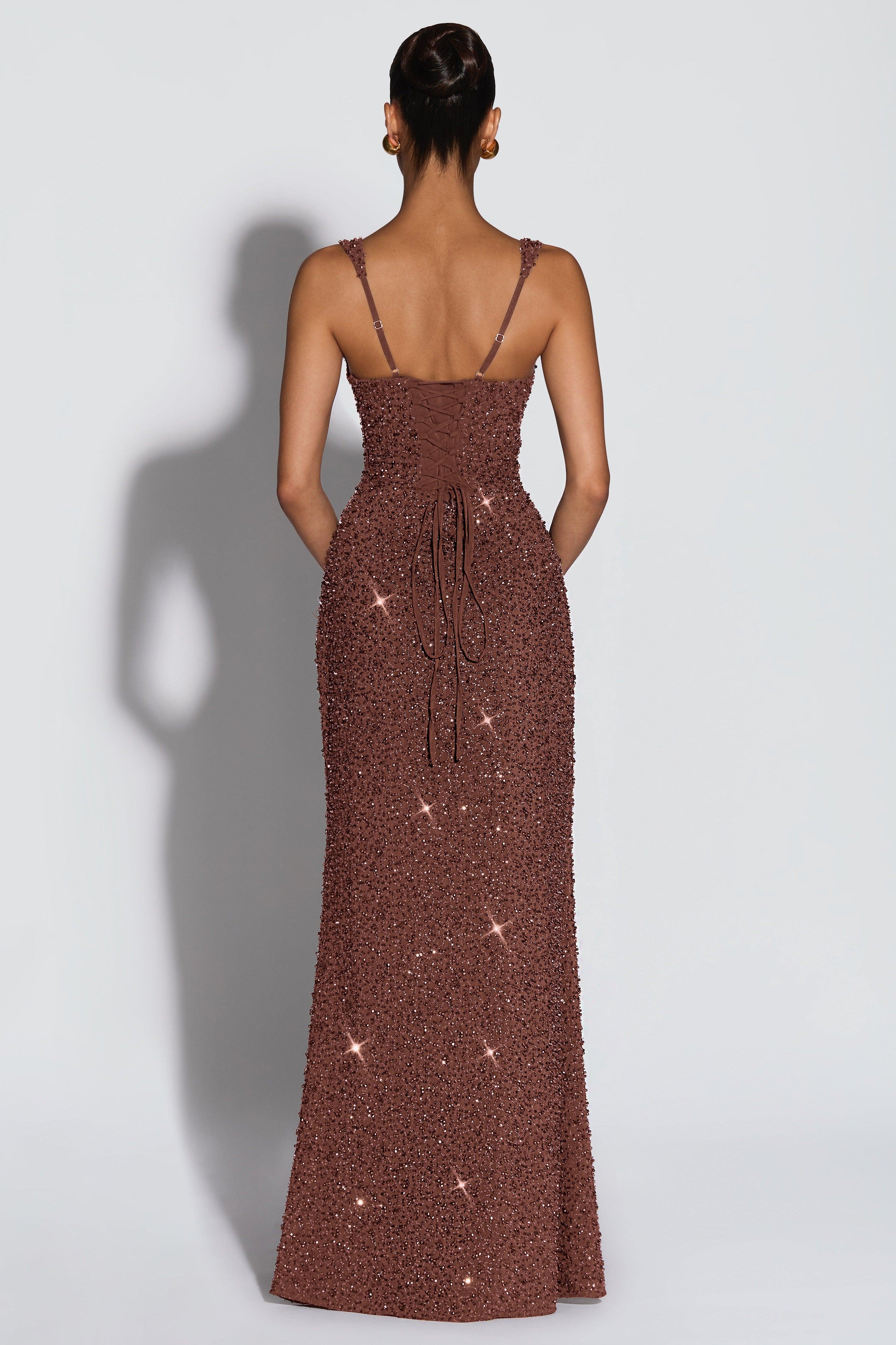 Cleo Sleeveless Sequin Square Neck Column Maxi Dress - Brown