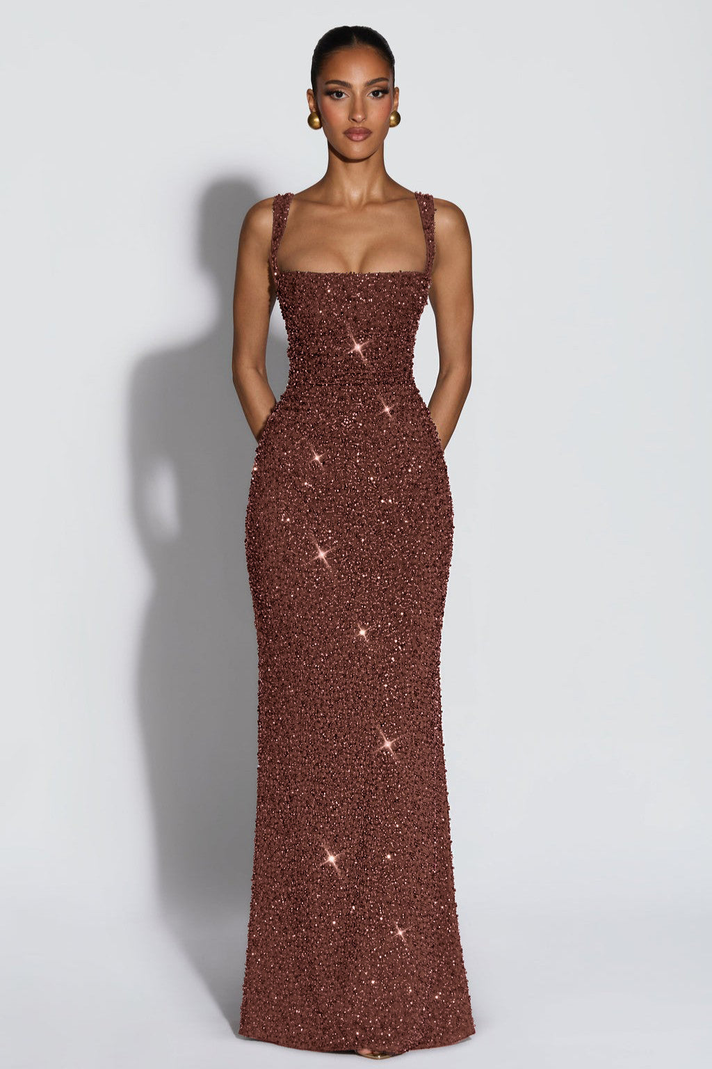 Cleo Sleeveless Sequin Square Neck Column Maxi Dress - Brown