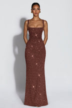 Cleo Sleeveless Sequin Square Neck Column Maxi Dress - Brown