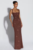 Cleo Sleeveless Sequin Square Neck Column Maxi Dress - Brown