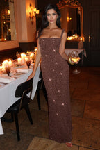 Cleo Sleeveless Sequin Square Neck Column Maxi Dress - Brown