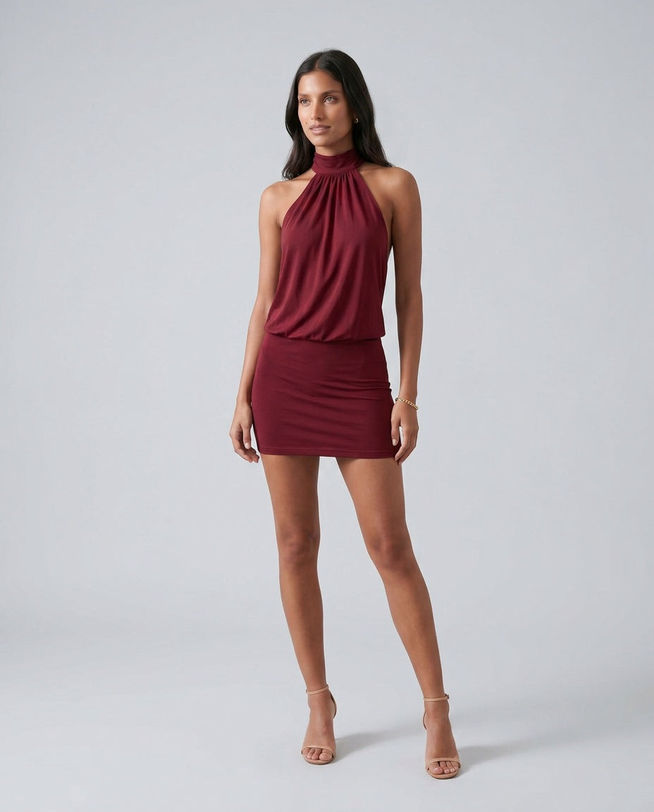 Cleo Solid Draped Halter Neck Bodycon Mini Dress - Burgundy