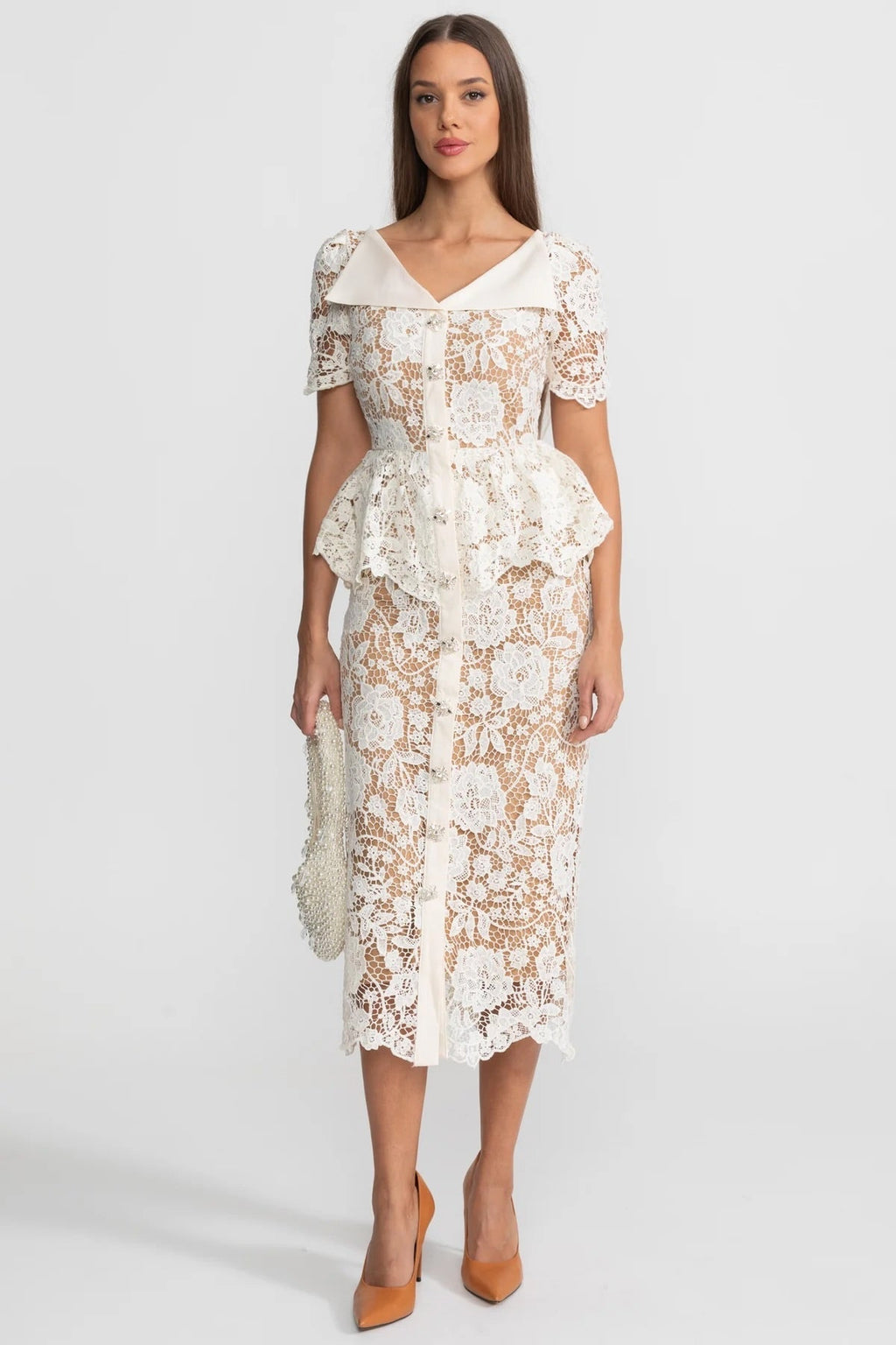 Colette Short Sleeve Lace Peplum Column Midi Dress - White