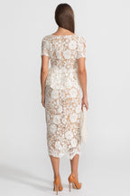Colette Short Sleeve Lace Peplum Column Midi Dress - White