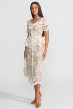 Colette Short Sleeve Lace Peplum Column Midi Dress - White