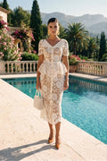 Colette Short Sleeve Lace Peplum Column Midi Dress - White