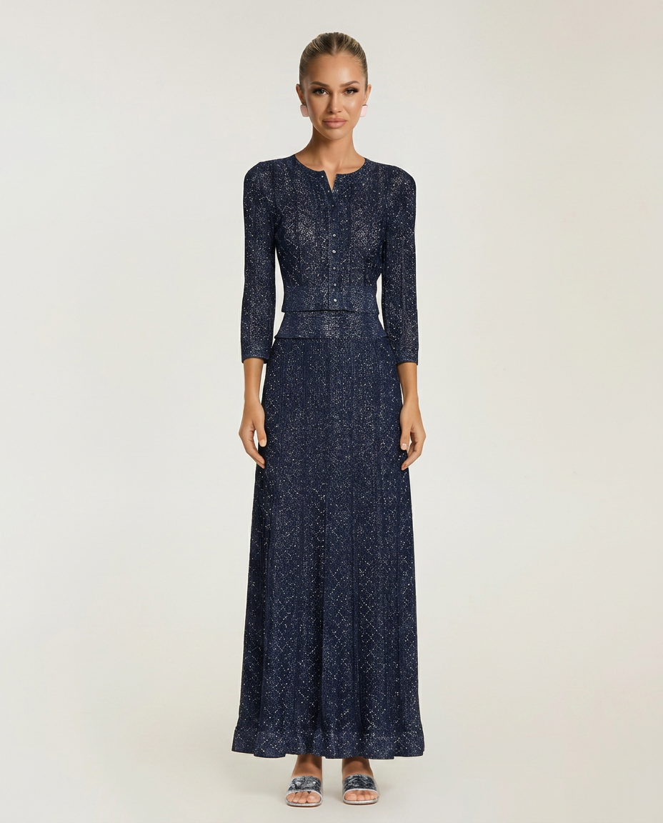 Cora Rib Knit Cropped Jacket And Maxi Skirt Set - Dark Blue