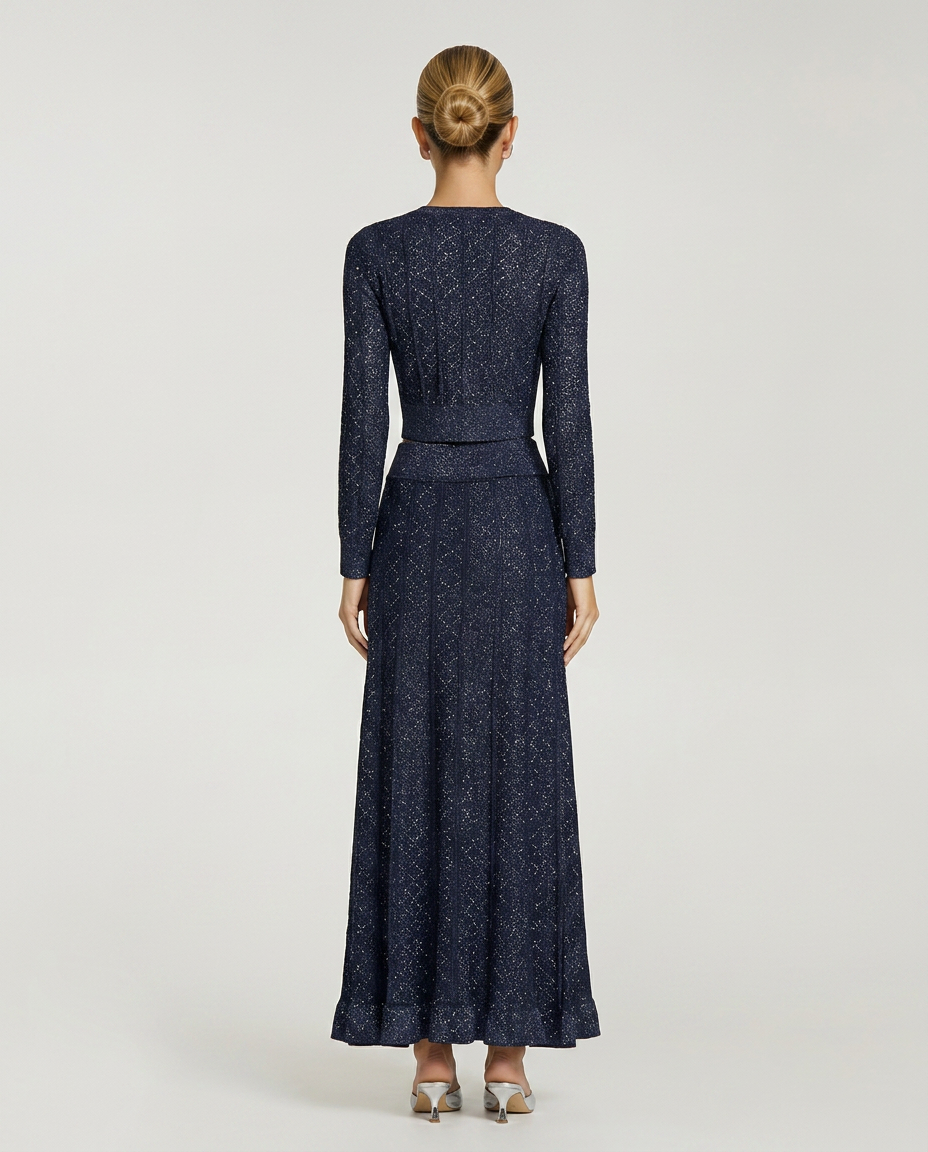 Cora Rib Knit Cropped Jacket And Maxi Skirt Set - Dark Blue