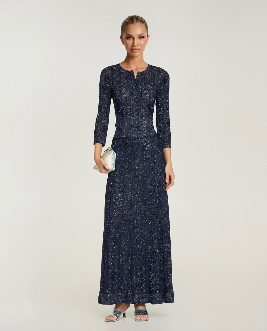 Cora Rib Knit Cropped Jacket And Maxi Skirt Set - Dark Blue