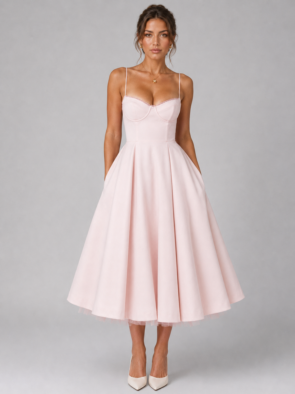 Cora Sweetheart Corset Tulle A-Line Midi Dress - Pink