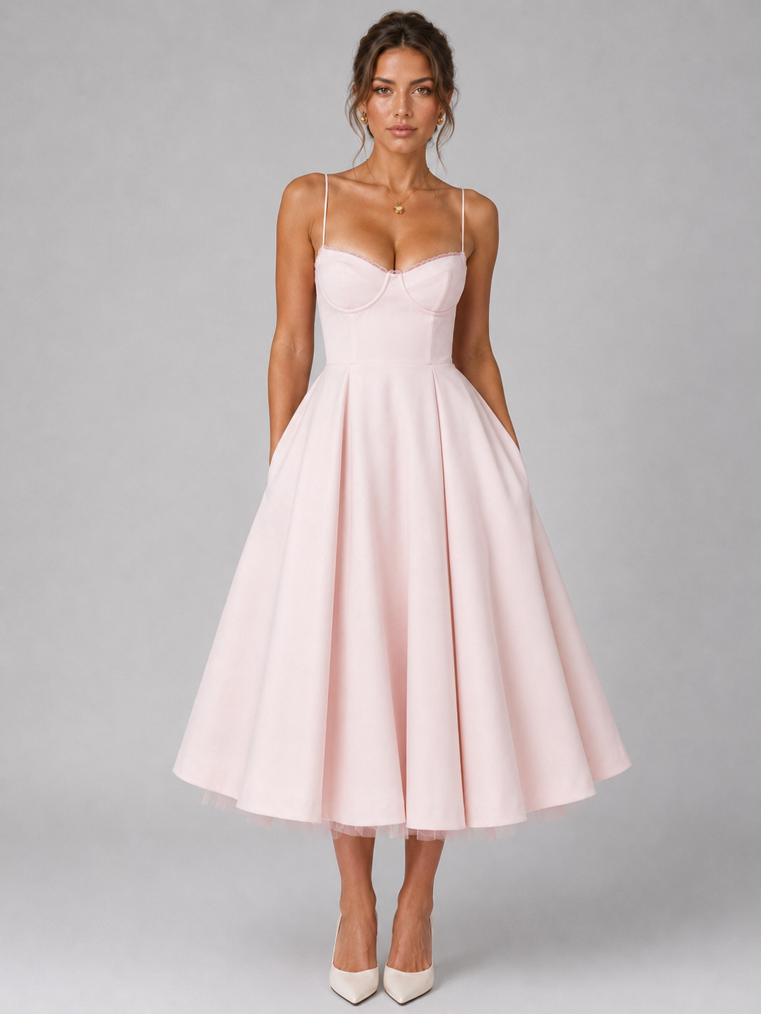 Cora Sweetheart Corset Tulle A-Line Midi Dress - Pink