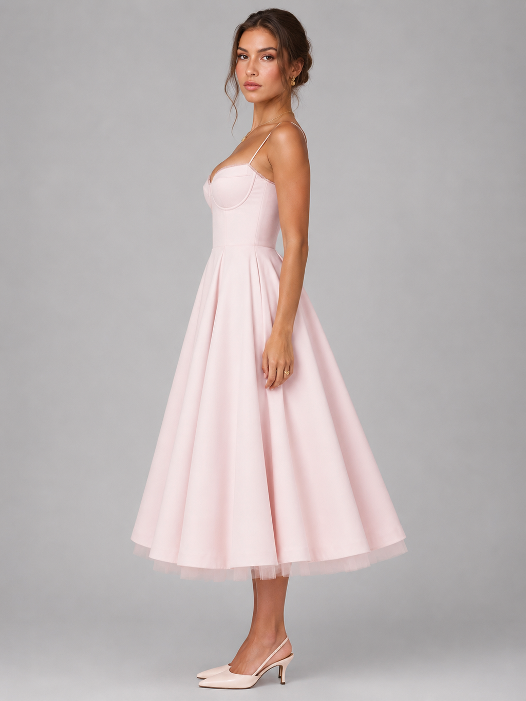 Cora Sweetheart Corset Tulle A-Line Midi Dress - Pink
