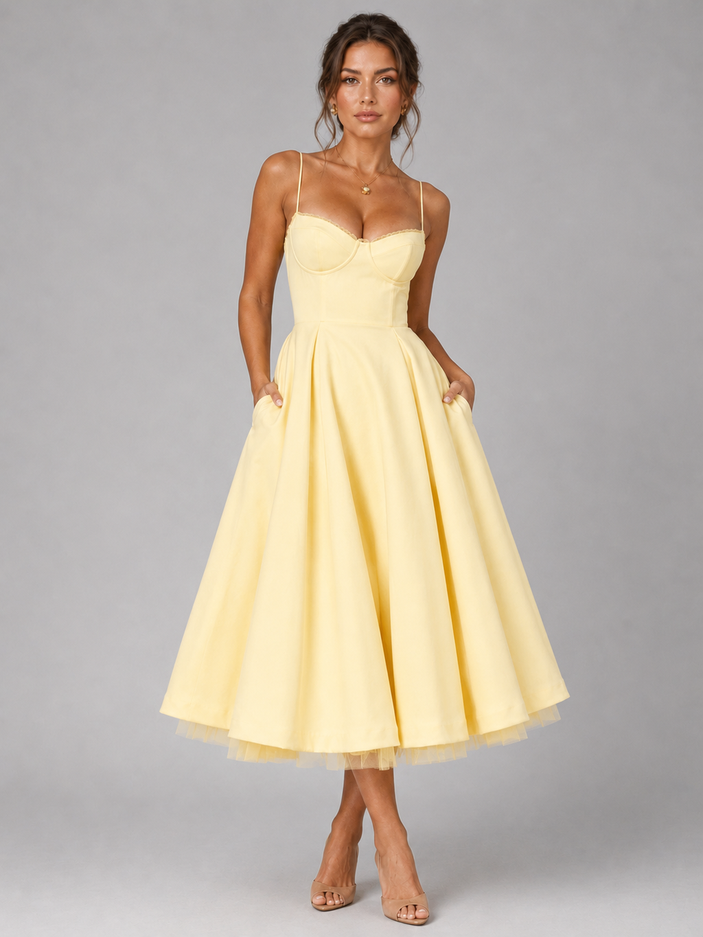 Cora Sweetheart Corset Tulle A-Line Midi Dress - Yellow