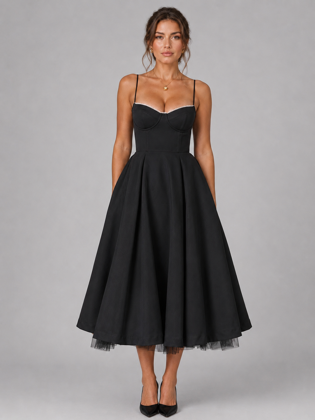 Cora Sweetheart Corset Tulle A-Line Midi Dress - Black