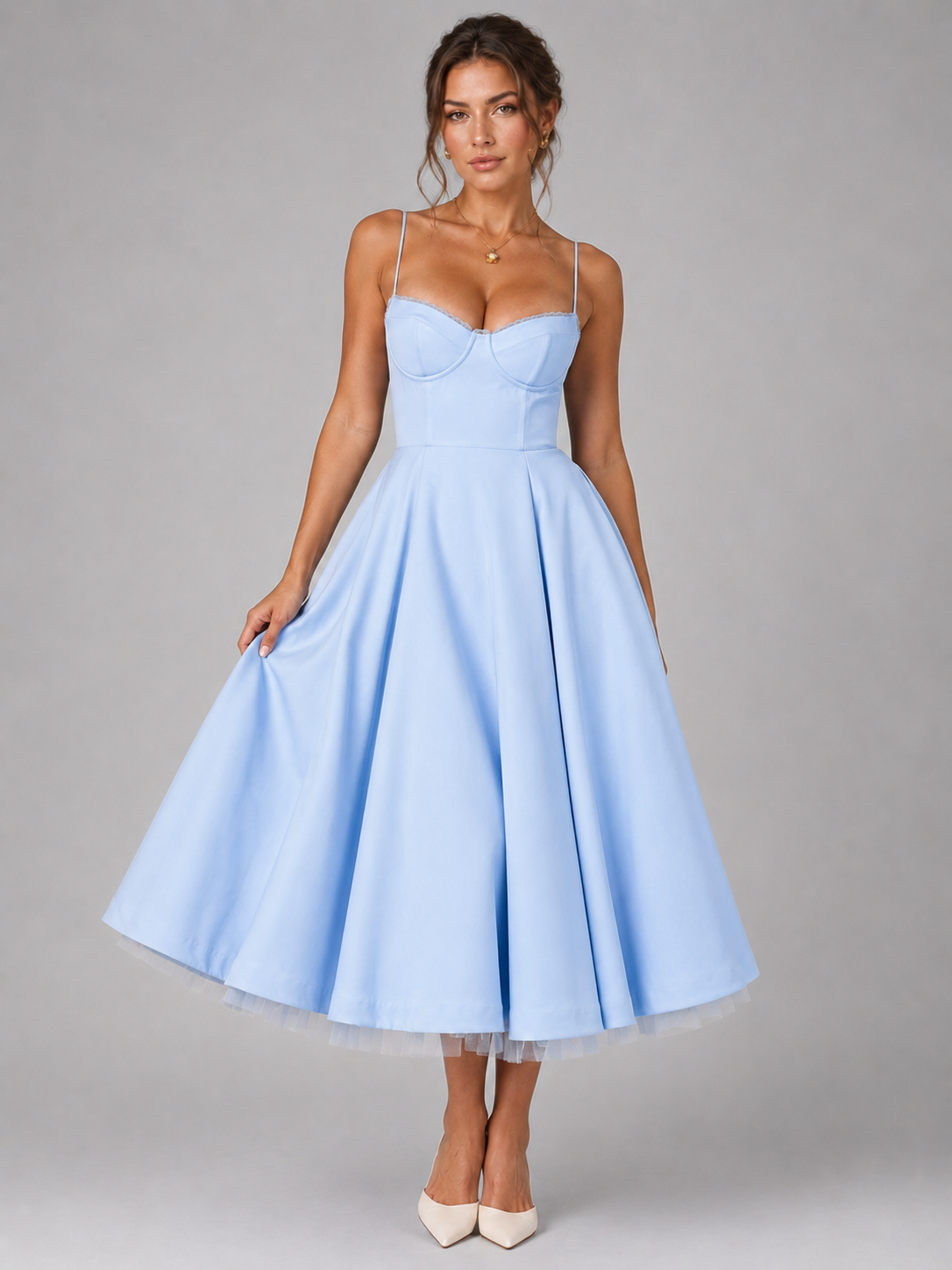 Cora Sweetheart Corset Tulle A-Line Midi Dress - Blue