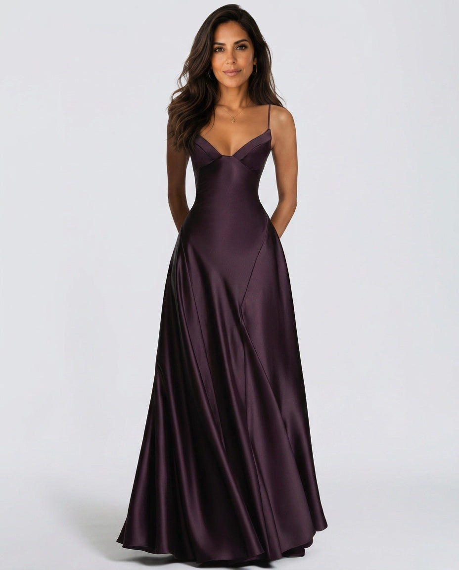 Darya Satin Sheen A-Line Spaghetti Strap Maxi Dress - Purple