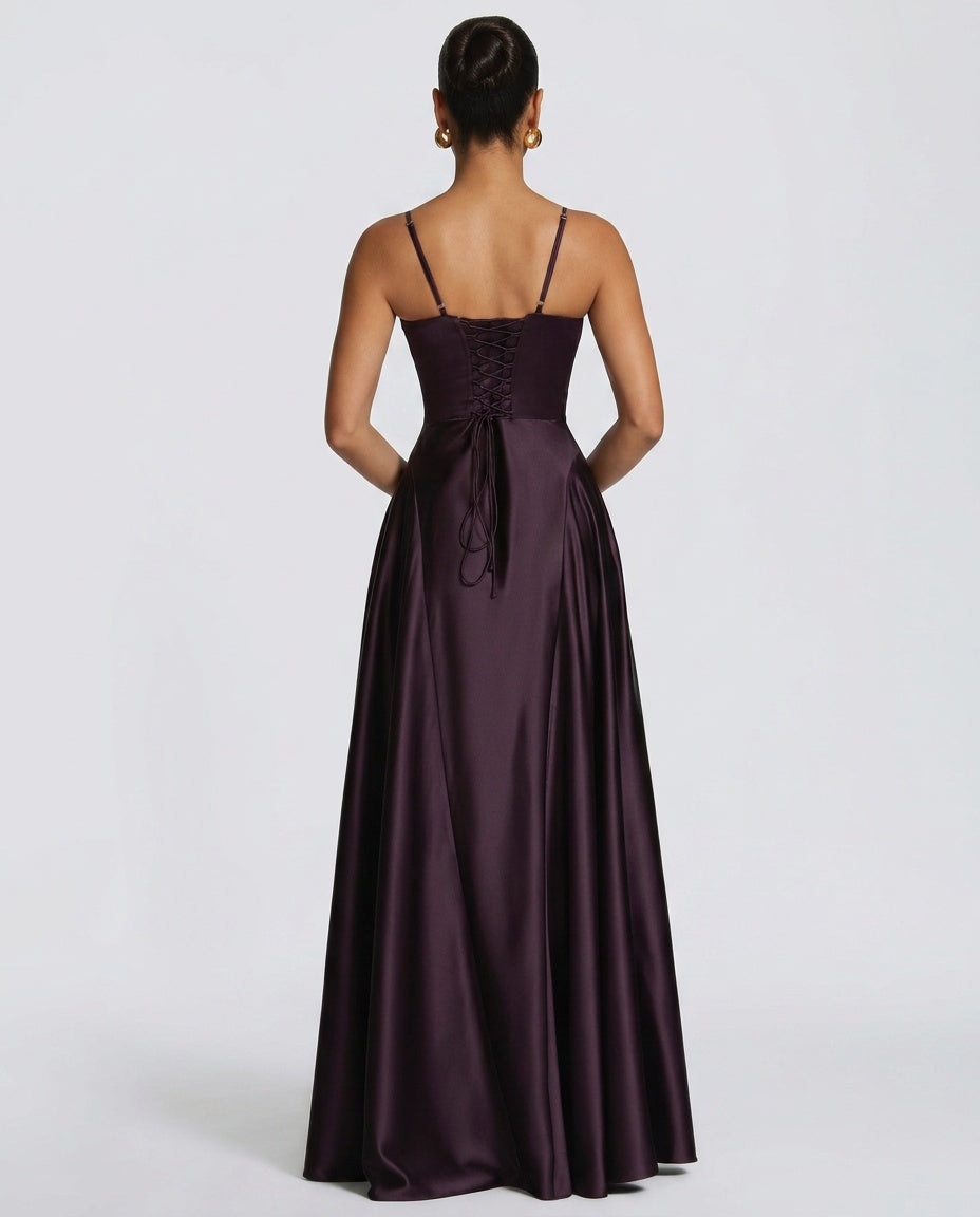 Darya Satin Sheen A-Line Spaghetti Strap Maxi Dress - Purple