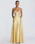 Darya Satin Sheen A-Line Spaghetti Strap Maxi Dress - Yellow