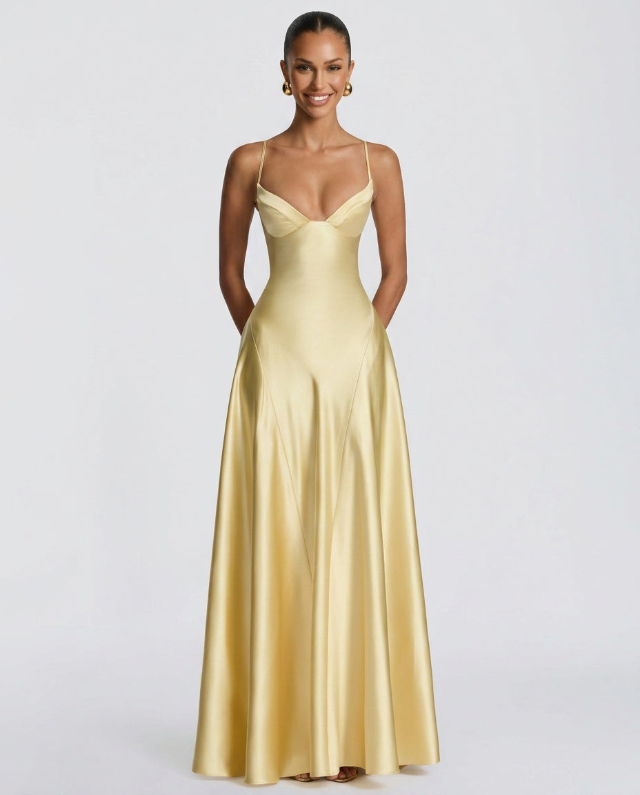 Darya Satin Sheen A-Line Spaghetti Strap Maxi Dress - Yellow